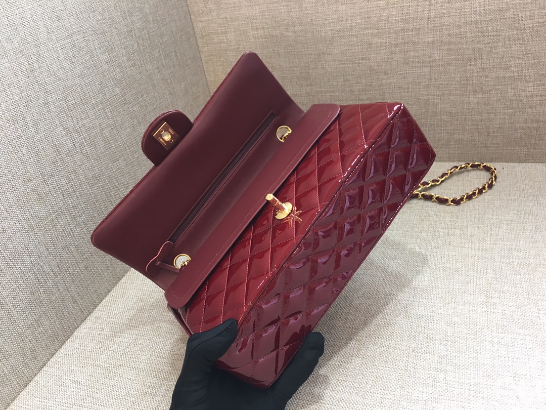 Medium Classic Flap Patent Leather Bag AO1112 Dark Red/Gold